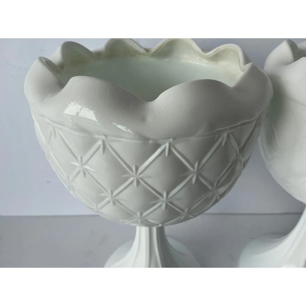 Vintage‎ Milk Glass Goblet Pair Diamond Starburst White 7.5in Mid Century